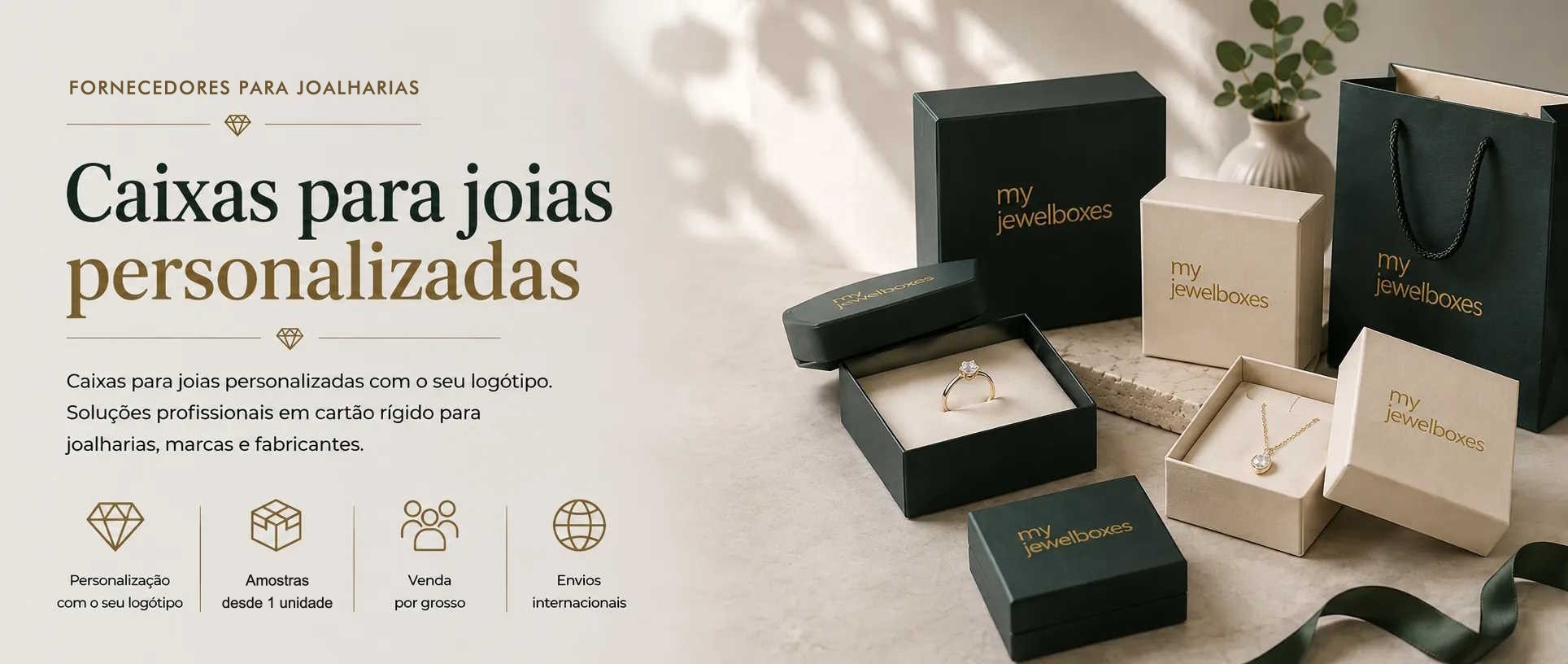 Caixas para joias personalizadas em cartão rígido com impressão do logótipo MyJewelBoxes